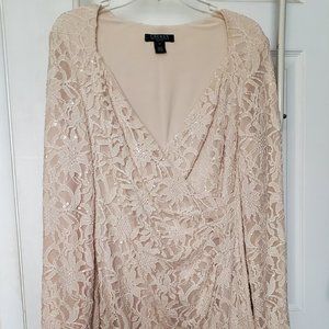 Ralph Lauren Formal Cream Sequin Long Sleeve V-Neck Lace Dress 12